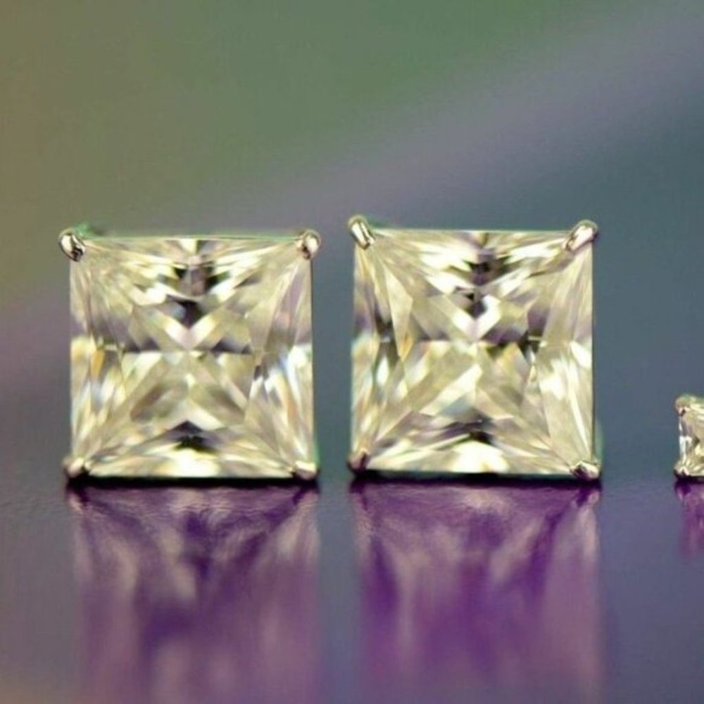 Solid 14k White Gold Princess Cut Clear Basket Push Back Stud Earrings Sz10x10mm - Picture 3 of 10